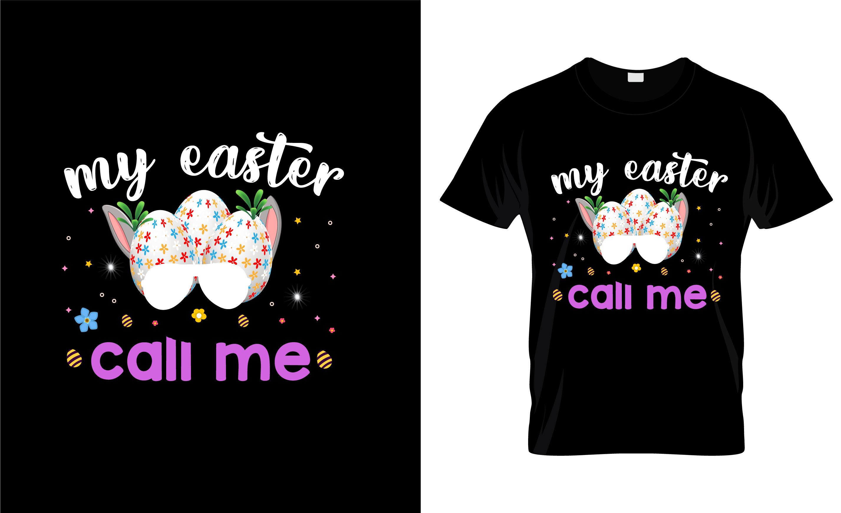 Image of a black t-shirt with an enchanting print of easter eggs