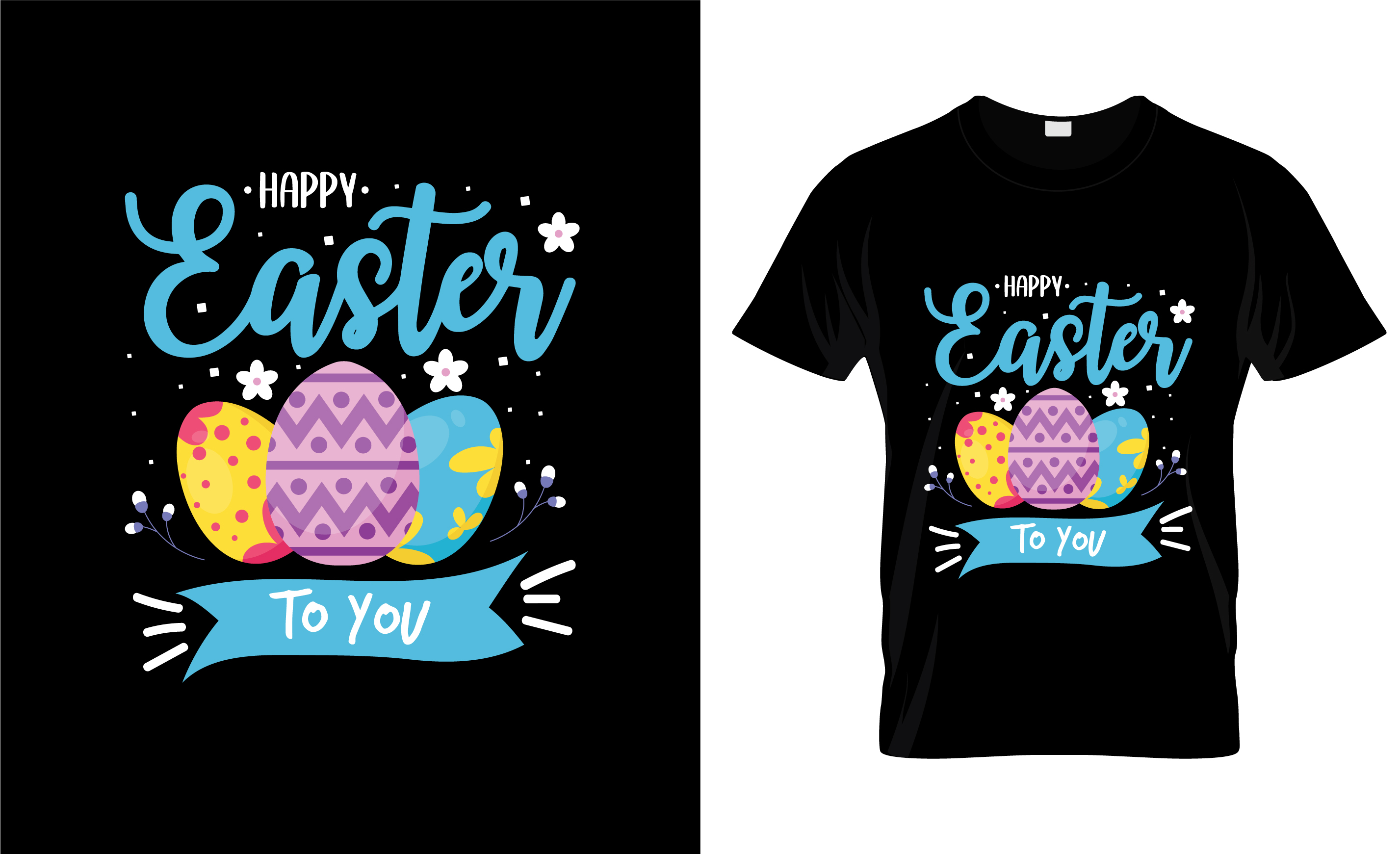 Image of a black t-shirt with a colorful print on the theme of easter day.