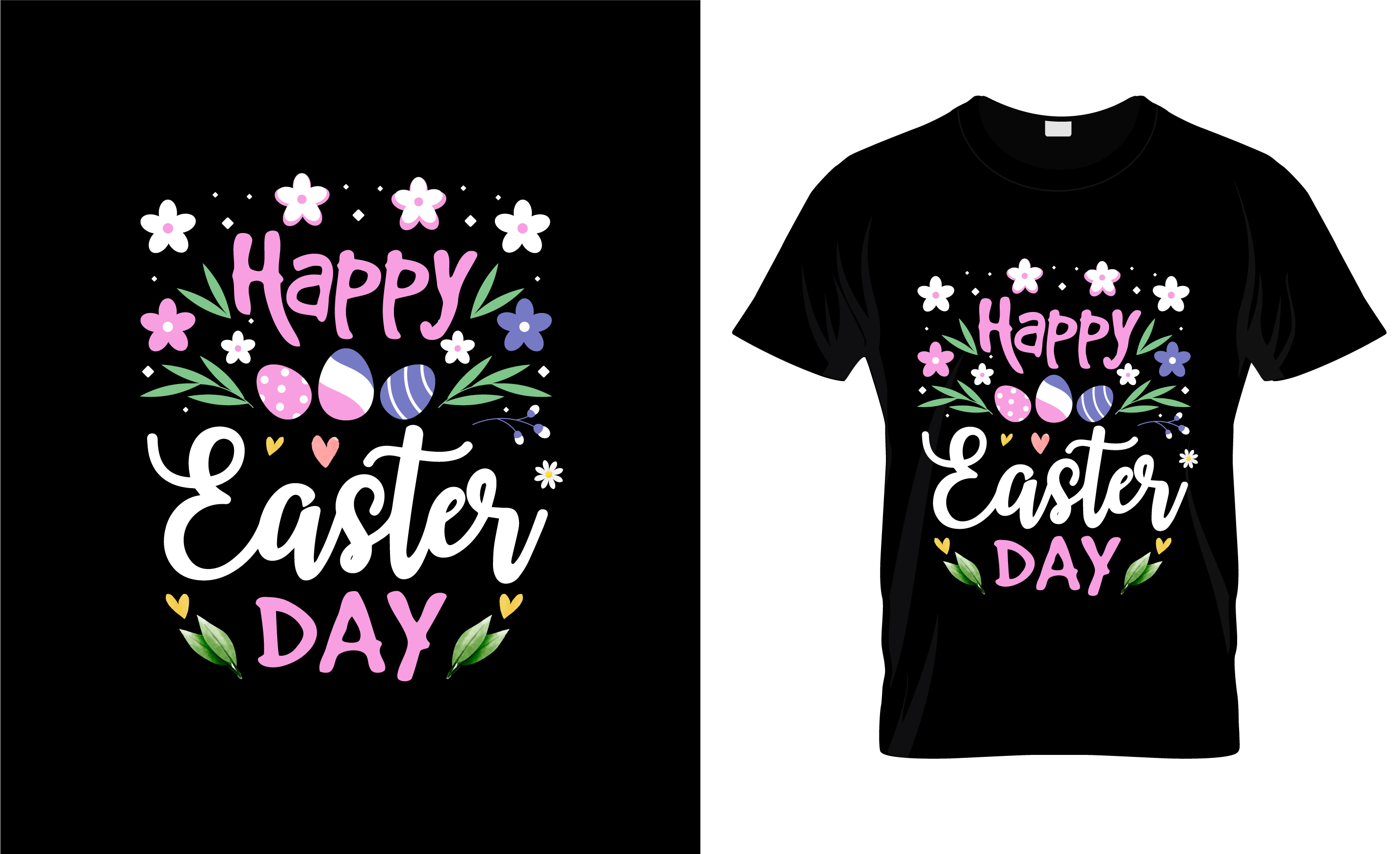Image of a black t-shirt with a charming print on the theme of easter day.