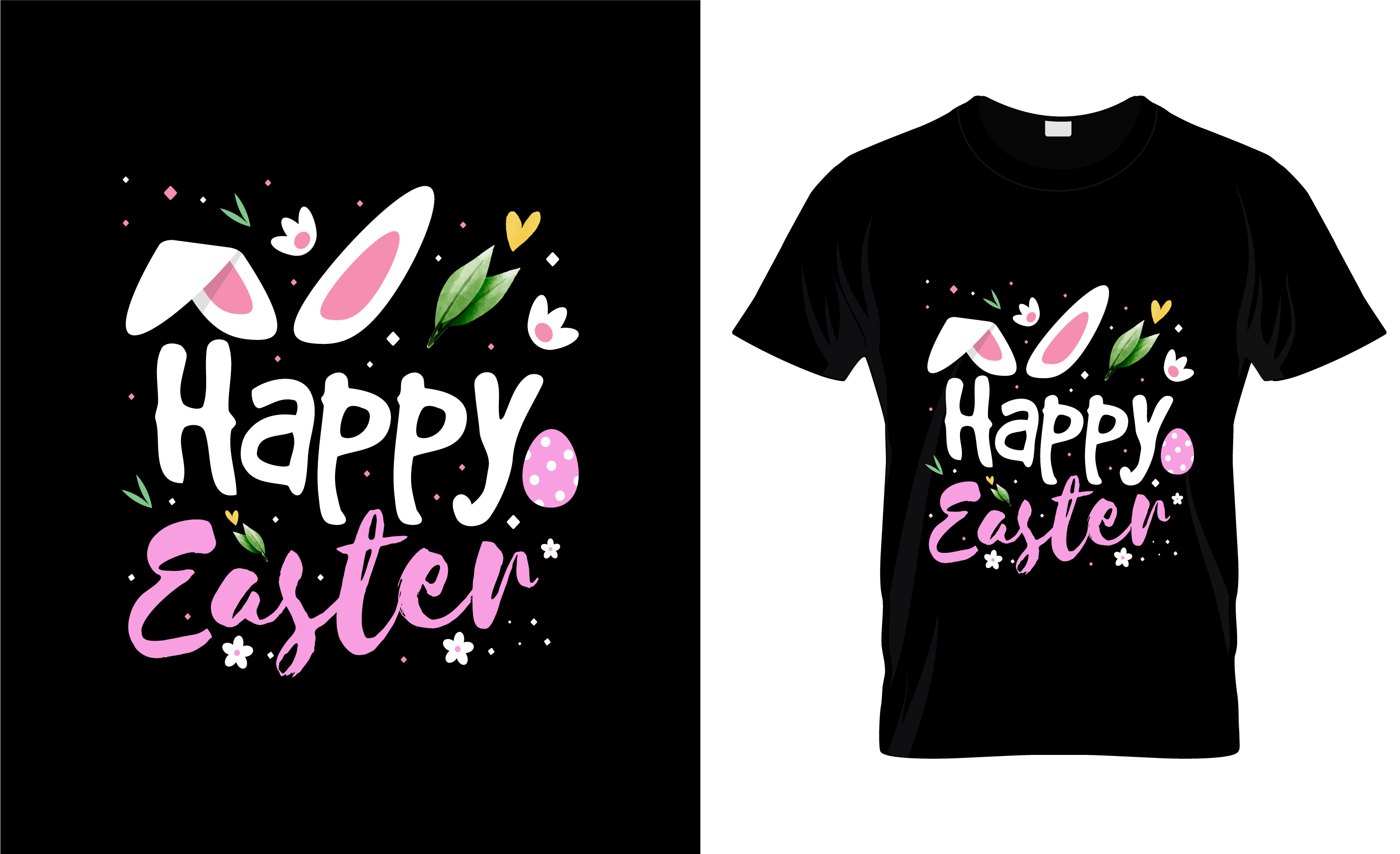 Picture of a black t-shirt with a gorgeous print on the theme of easter day.