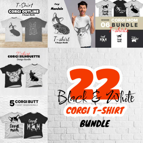 Collection of images of t-shirts with adorable black and white corgi print.