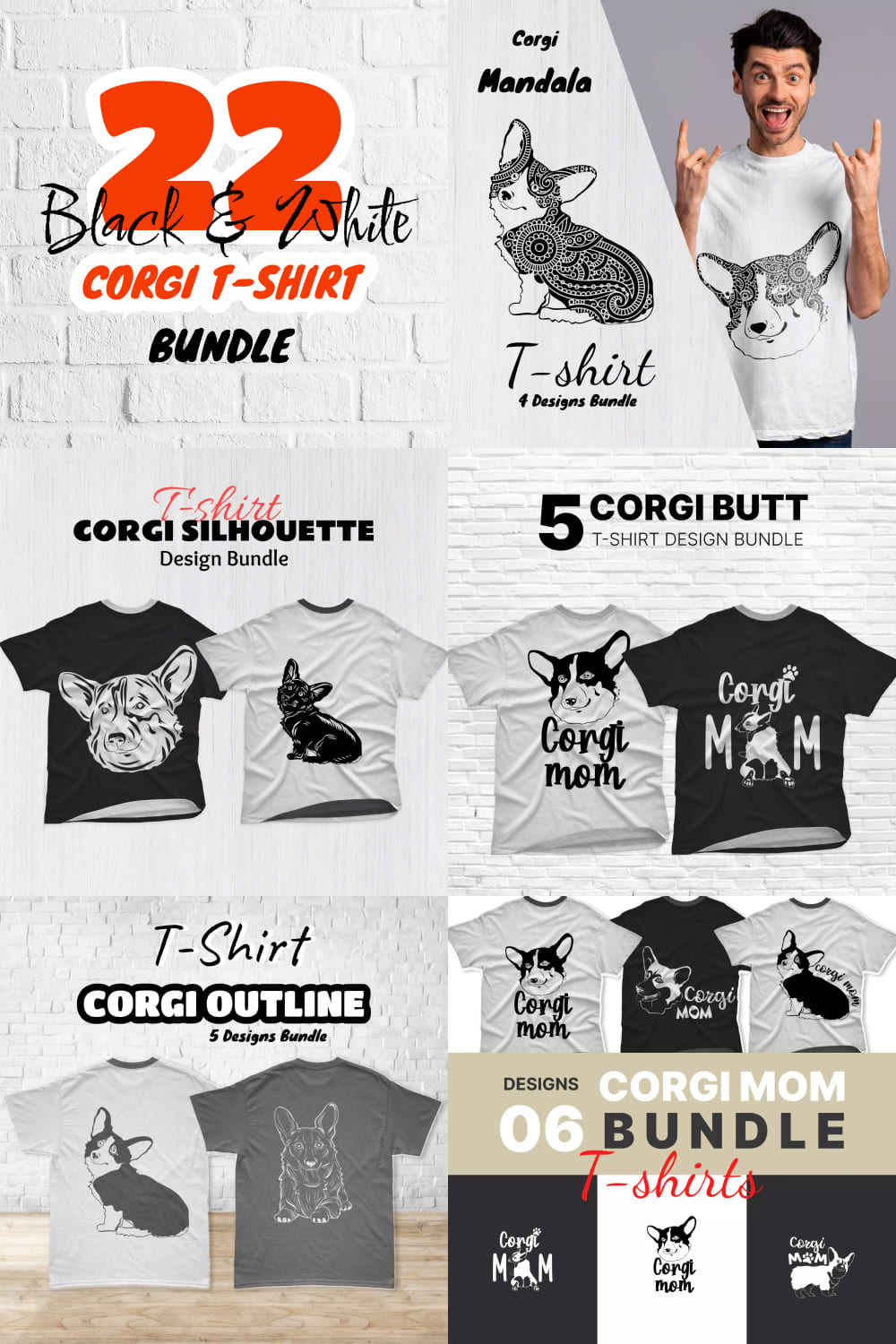 A pack of images of t-shirts with amazing black and white corgi print.