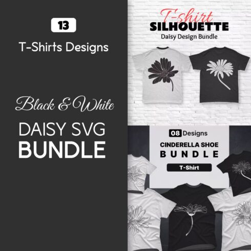 Black & White Daisy SVG T-Shirt Designs Bundle.