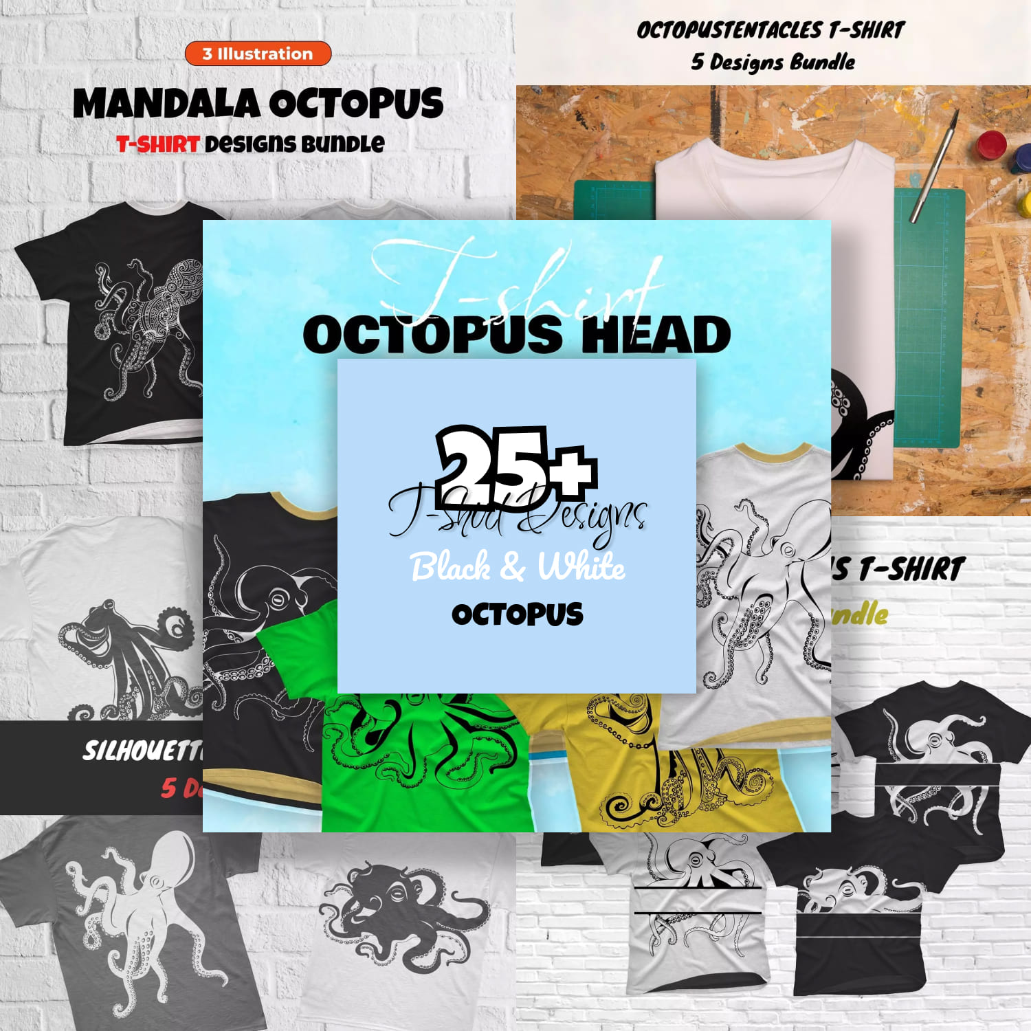 Black & White Оctopus T-shirt Design Images Bundle.