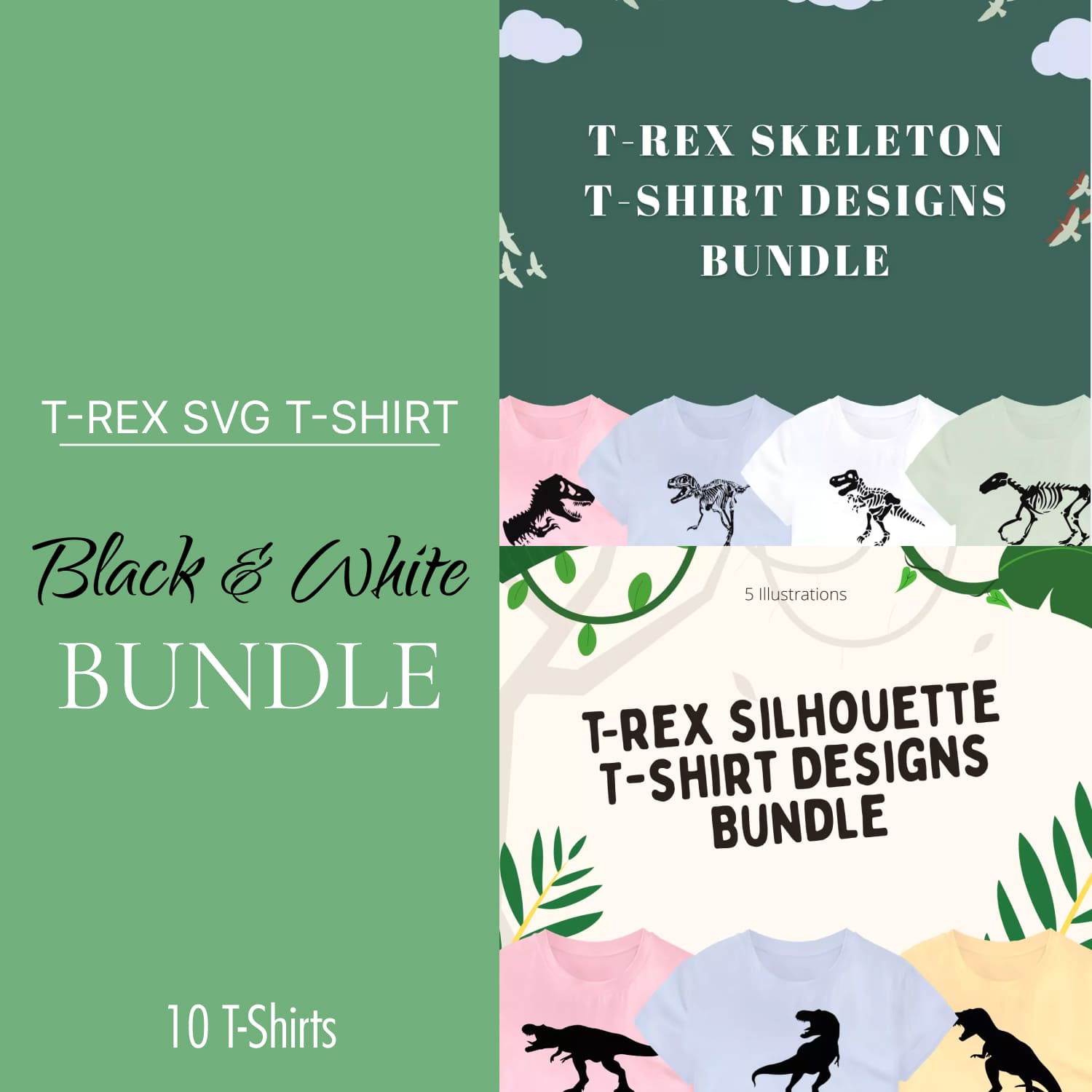 A set of images of t-shirts with an adorable t-rex print.