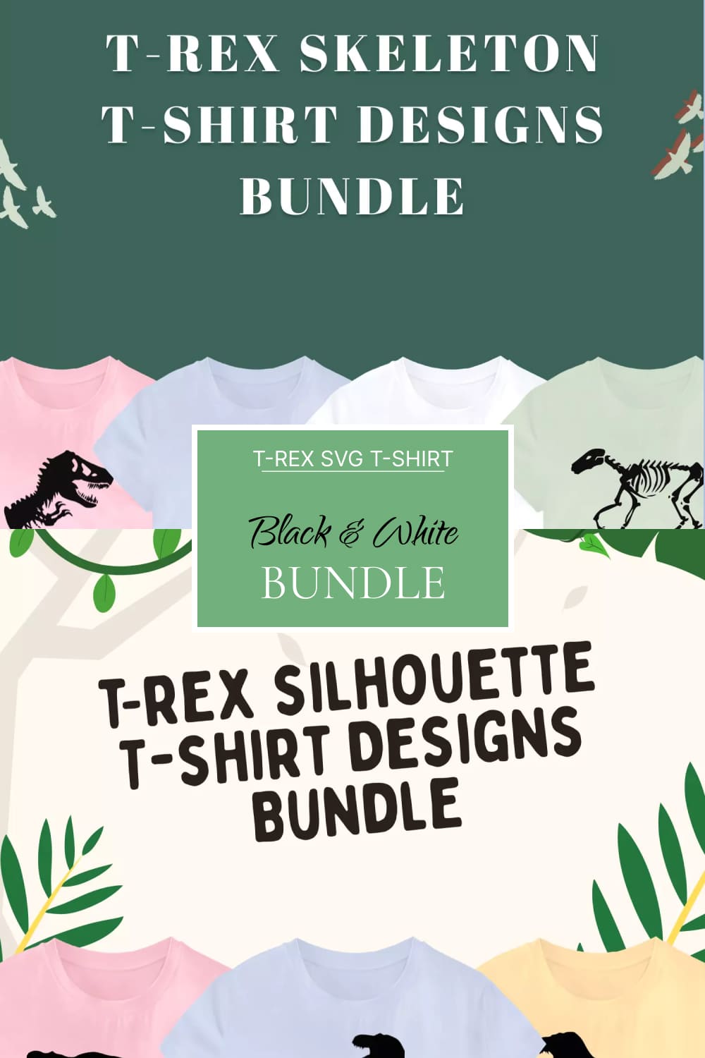 Collection of images of T-shirts with colorful t-rex print.