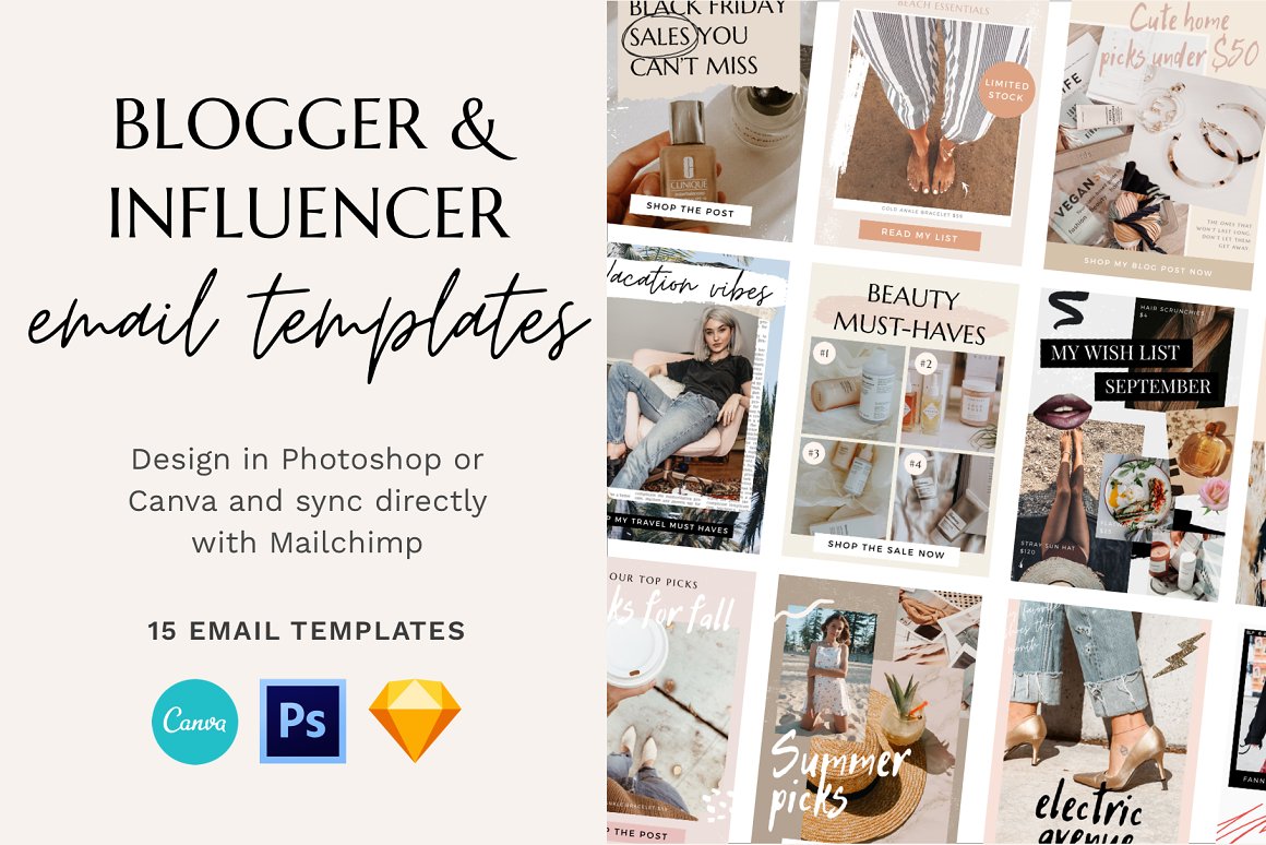 A selection of images of a colorful blogger email design template.