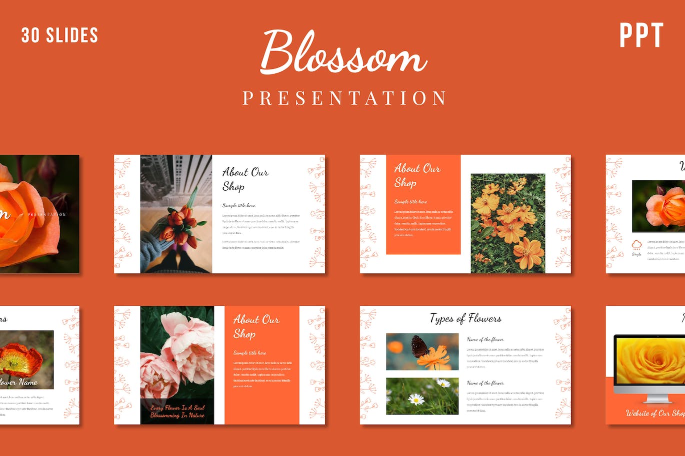 Collection of images of colorful presentation template slides on the theme of flowers.