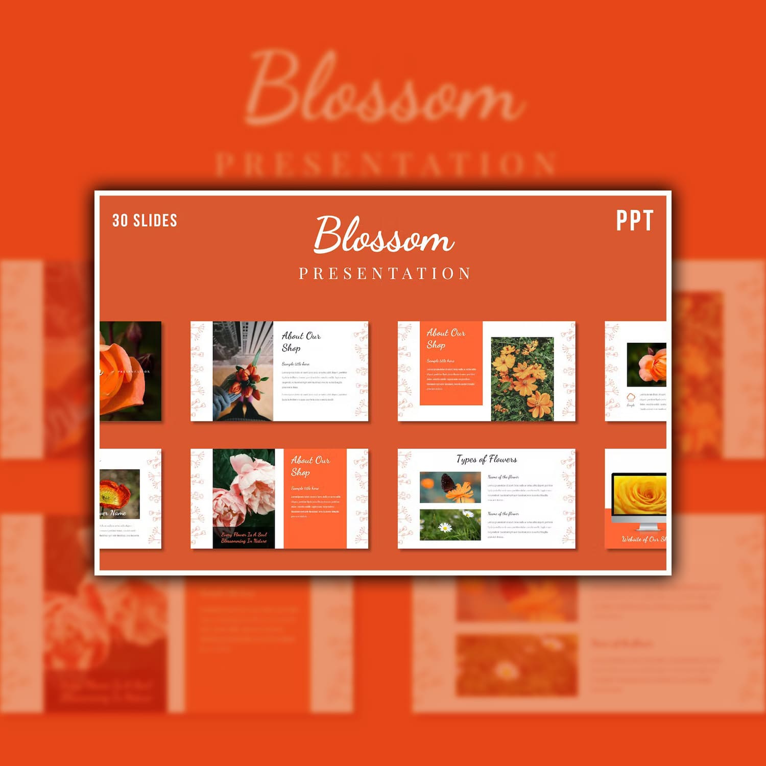 Collection of images of elegant presentation template slides on the theme of flowers.