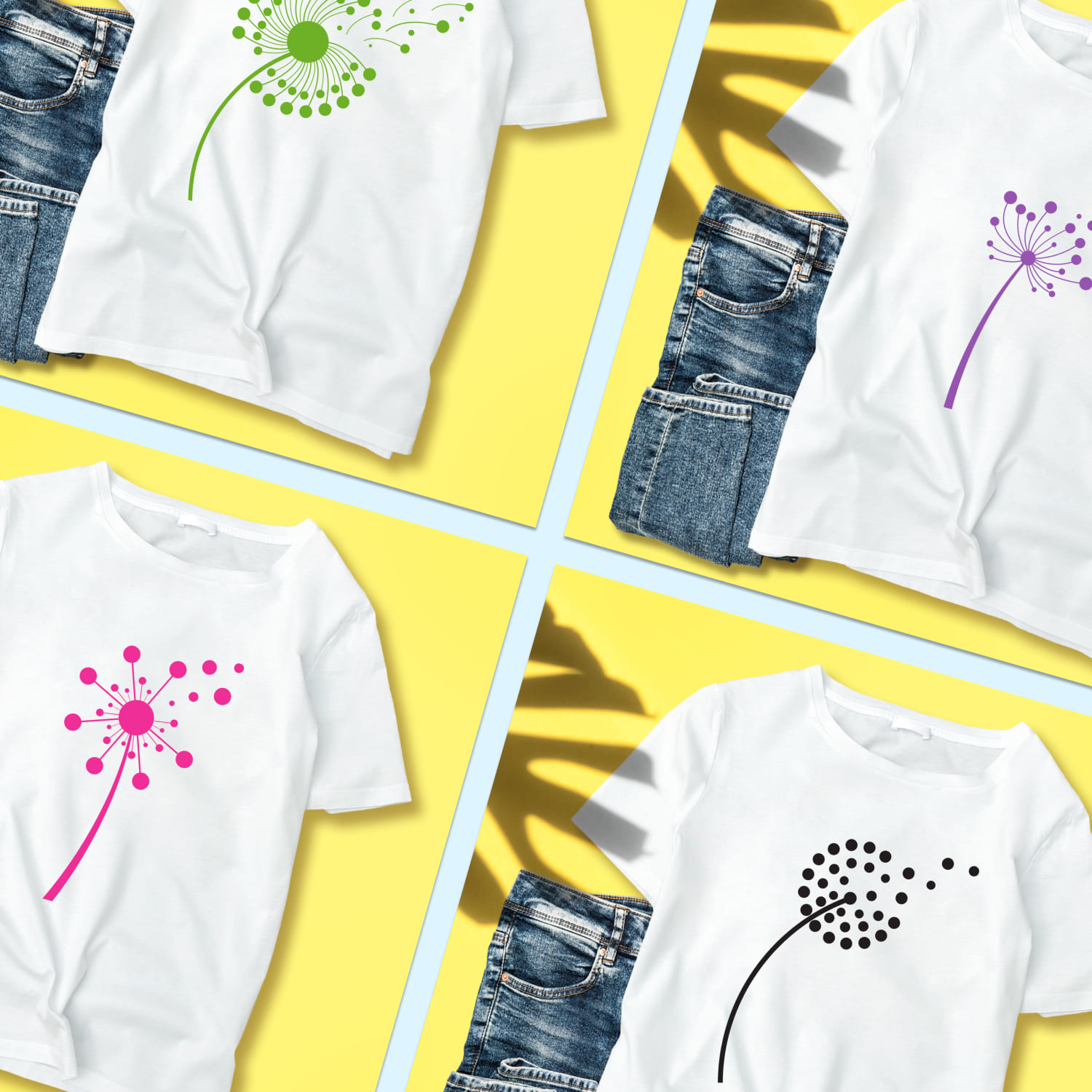 Collection of images of t-shirts with exquisite prints with dandelion.
