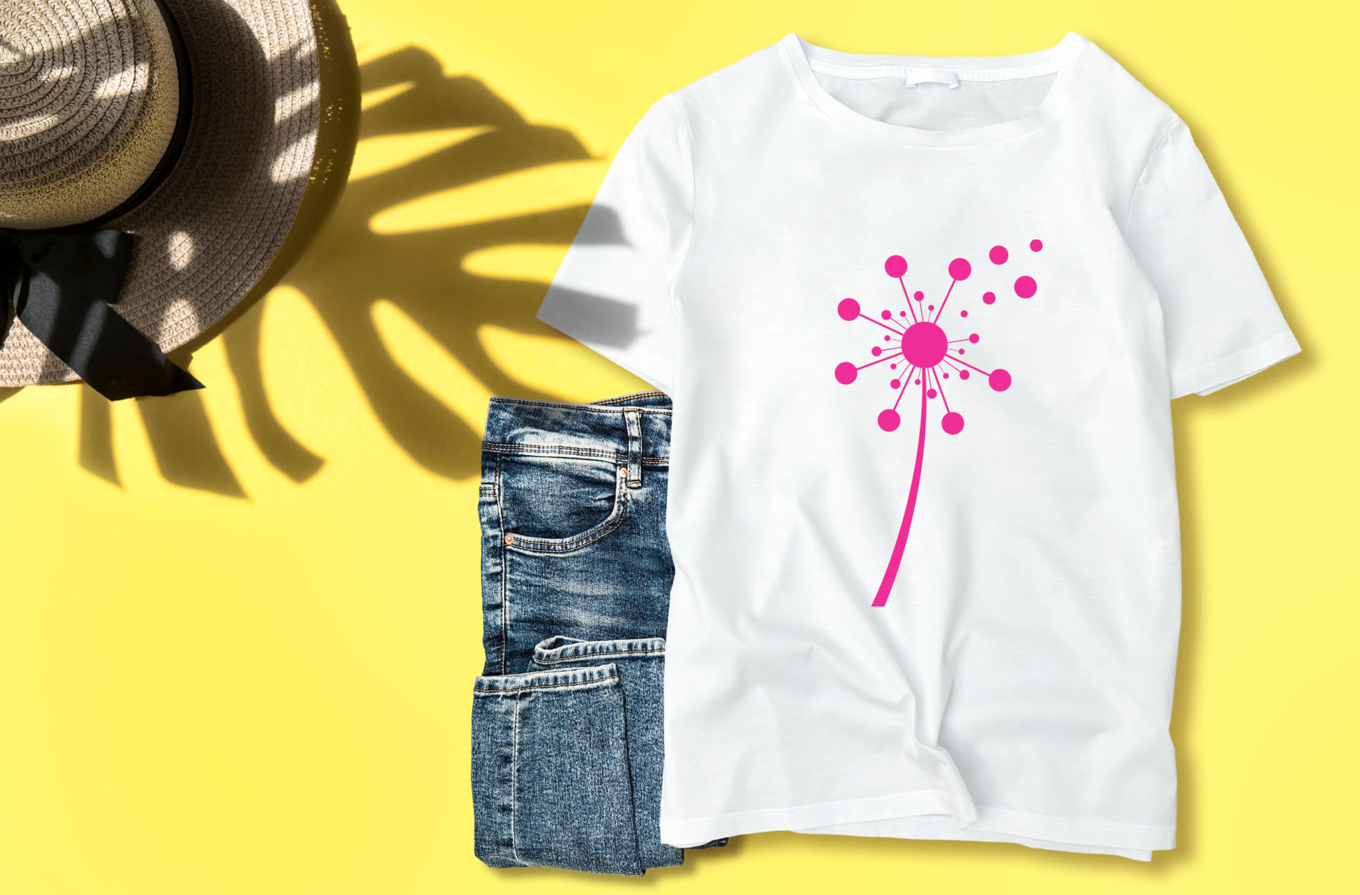 Image of T-shirt with lovely dandelion print in pink color.