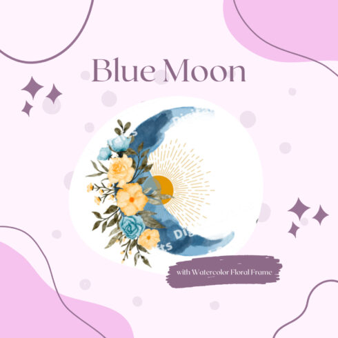 Blue Moon with Watercolor Floral Frame.