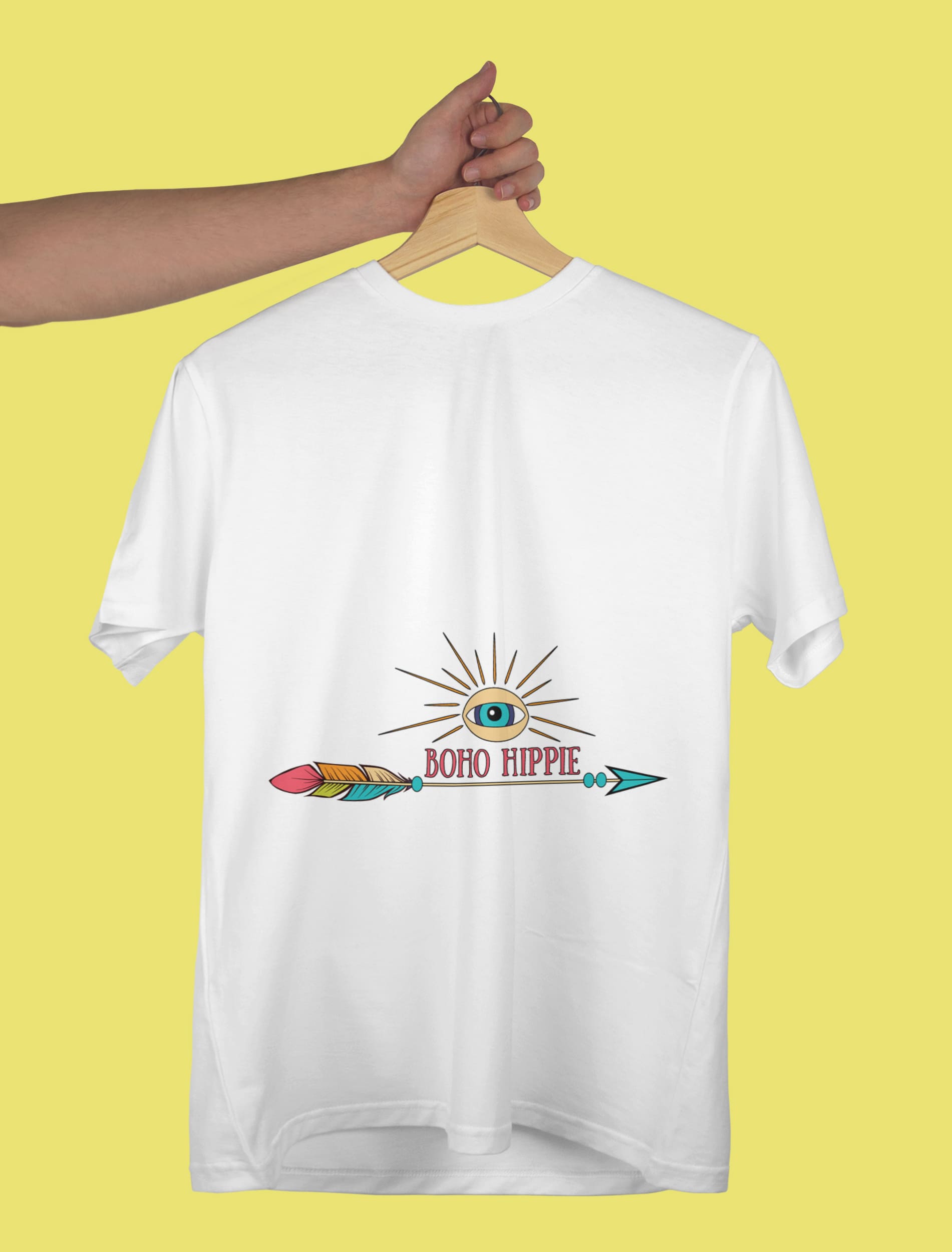 Boho hippie print on the white t-shirt.