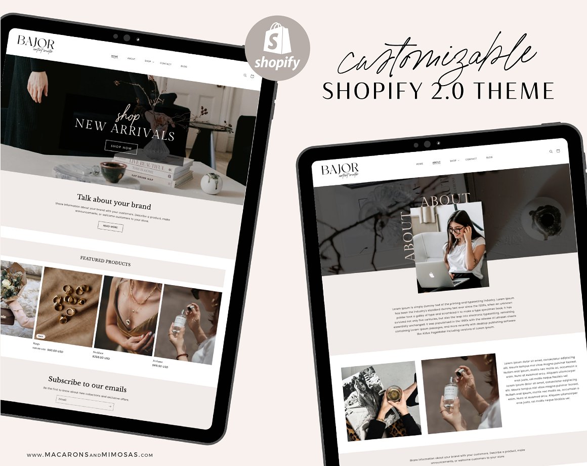 Images of elegant shopify theme pages on different devices.