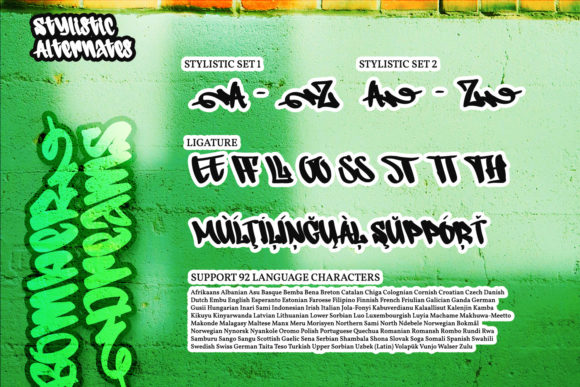 An example of black stylistic 2 sets and ligature in graffiti font on a green background.