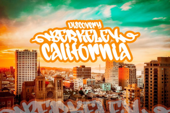 Orange and white "Discovery Berkeley California" lettering in graffiti font against an image of city.