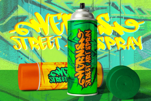 Green and orange spray paint with orange and green "Verns Street Art Spray" lettering in graffiti font on a graffiti background.