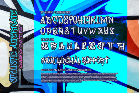 An example of stylistic alternates and ligature in a graffiti font against a cool image background.