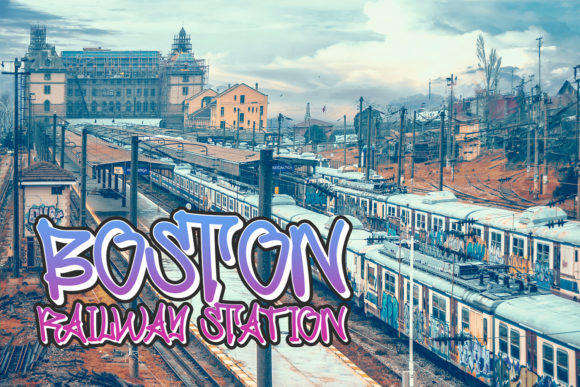 Blue-purple "Boston railway station" lettering in graffiti font against a image with trains.