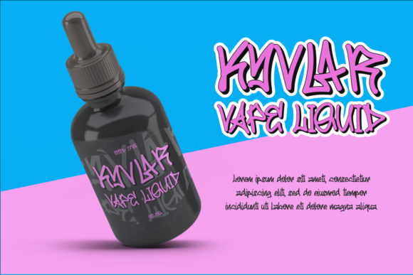 Black serum and purple "Kyvlar Vape Liquid" lettering in graffiti font on a blue and pink background.