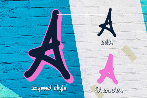 3 examples of a black and pink letter "A" in a solid, 3D shadow and layered style on a blue and gray background.