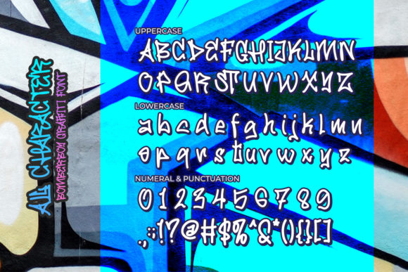 An example of all uppercase and lowercase letters, numbers and symbols in a graffiti font against a cool image background.