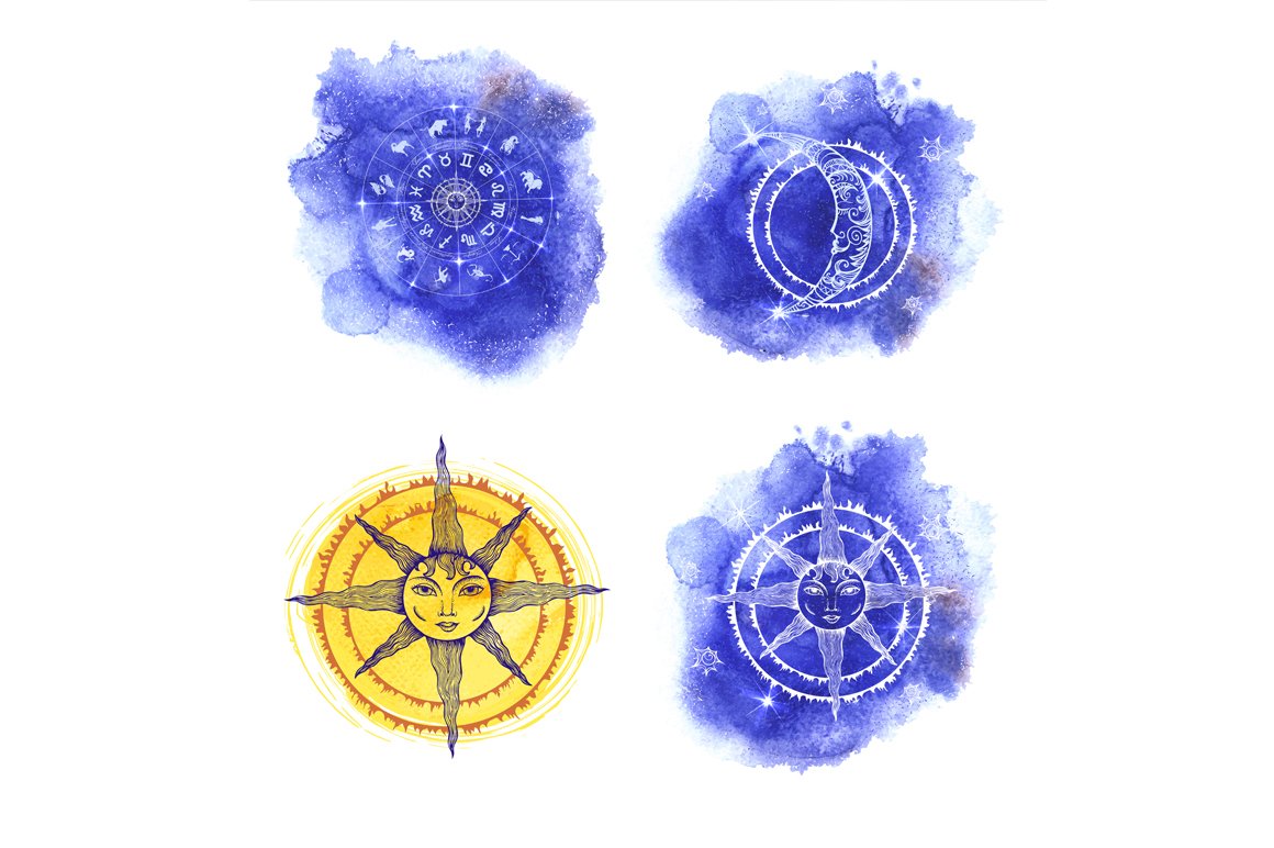 Bonus - a set of 4 different white-blue illustrations - 2 sun, moon and zodiac wheel on a white background.