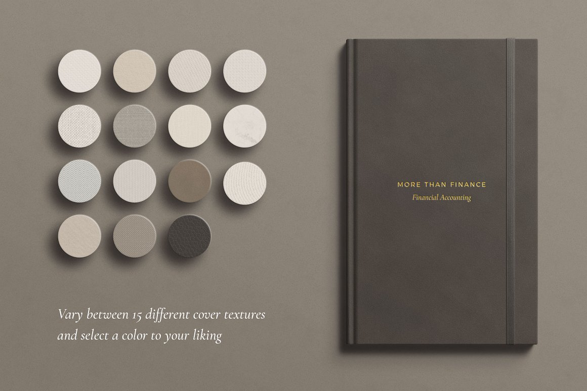 Images of a dark-colored notebook and a set of textures for it.