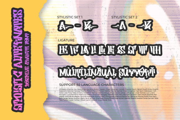 An example of white stylistic 2 sets and ligature in graffiti font on a graffiti background.