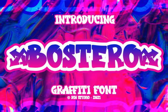Purple and blue gradient "Bostero" lettering in graffiti font on a graffiti background.