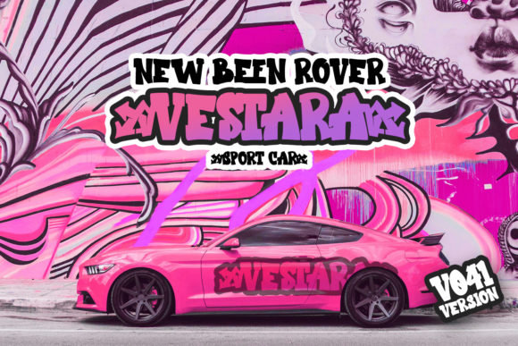 Pink car and black and purple gradient "New been pover Vestara" lettering in graffiti font on a graffiti background.