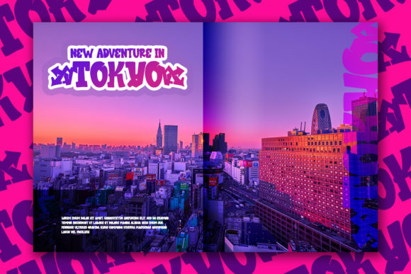 Purple and blue gradient "New adventure in Tokyo" lettering in graffiti font against an image of city.