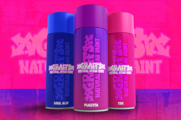 Pink, blue and purple spray paint with white "Graffs Natural Spray Paint" lettering in graffiti font on a pink and purple background.
