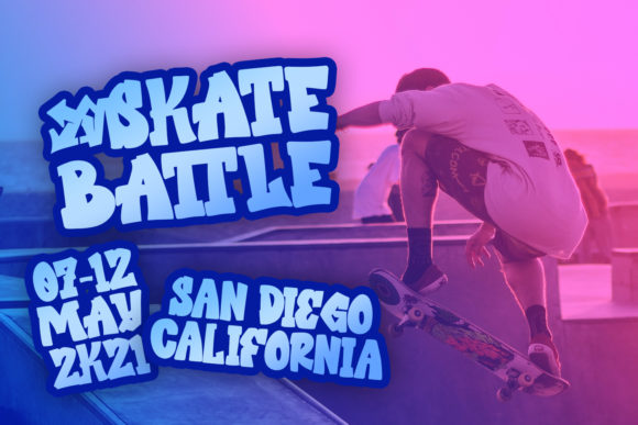 Light blue "Skate Battle" lettering in graffiti font in blue frame against a cool image.