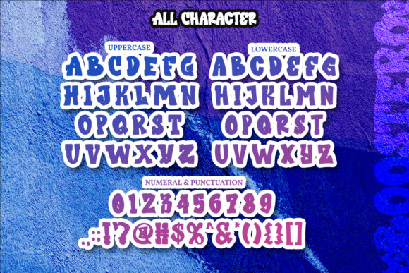 An example of purple all uppercase and lowercase letters, numbers, and symbols in graffiti font on a blue background.
