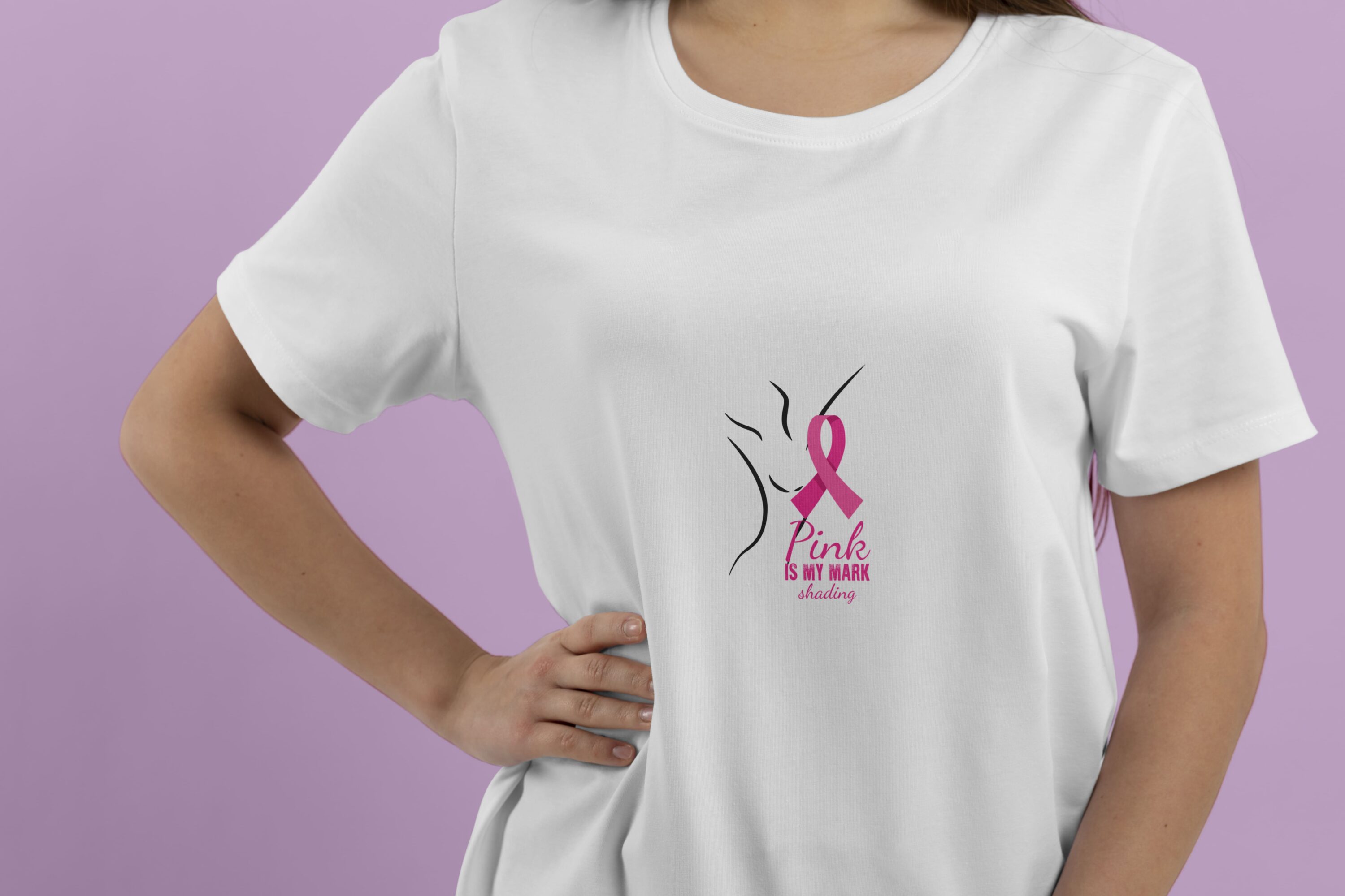 Delicate women body and breast cancer ribbon on the t-shirt.