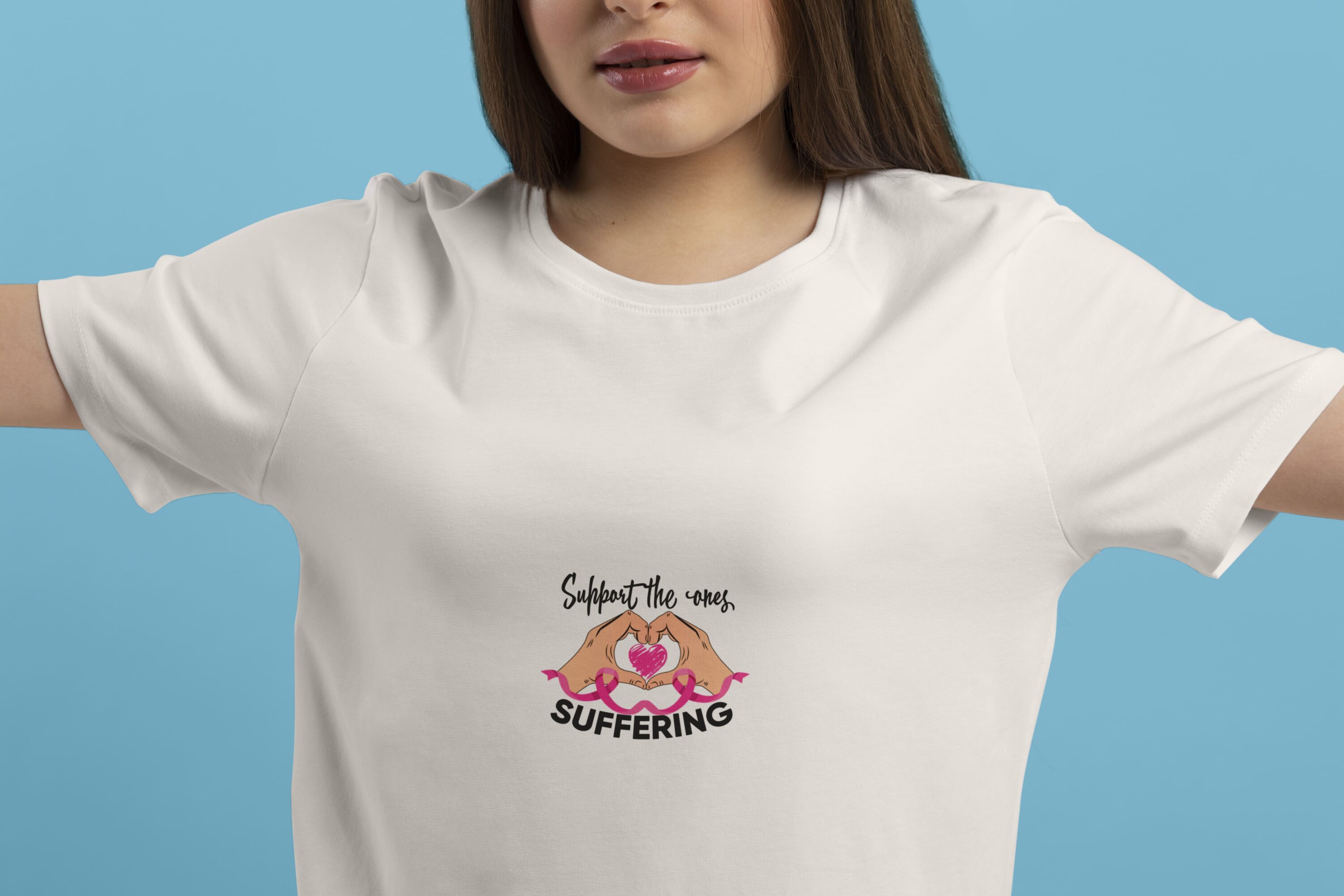 White high quality t-shirt with the colorful small cancer graphic.