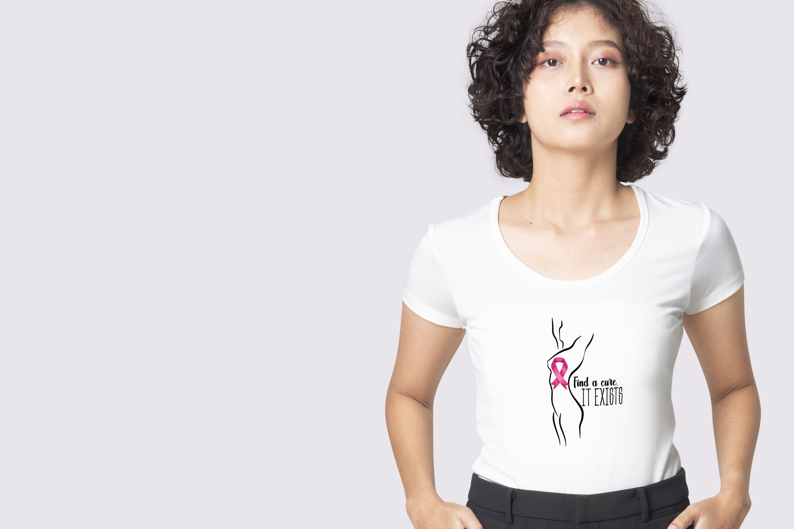 Minimalistic breast cancer illustration with the pink ribbon and women body.