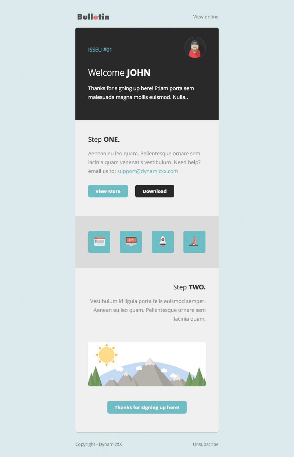 Light email template with the turquoise sections.