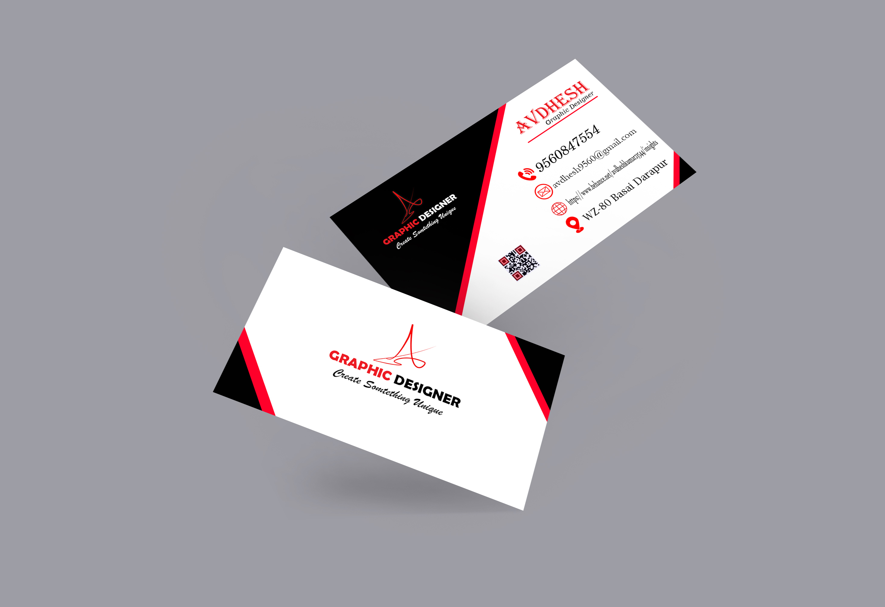 Business Card Design, black, white, red design.