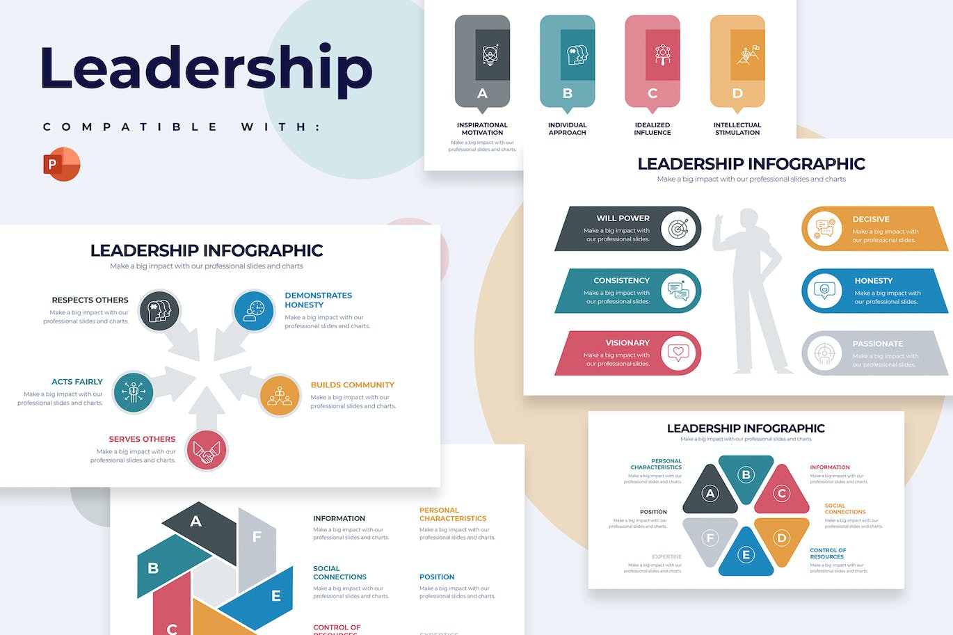 A selection of images of amazing presentation template infographic slides on the topic of business leadership.