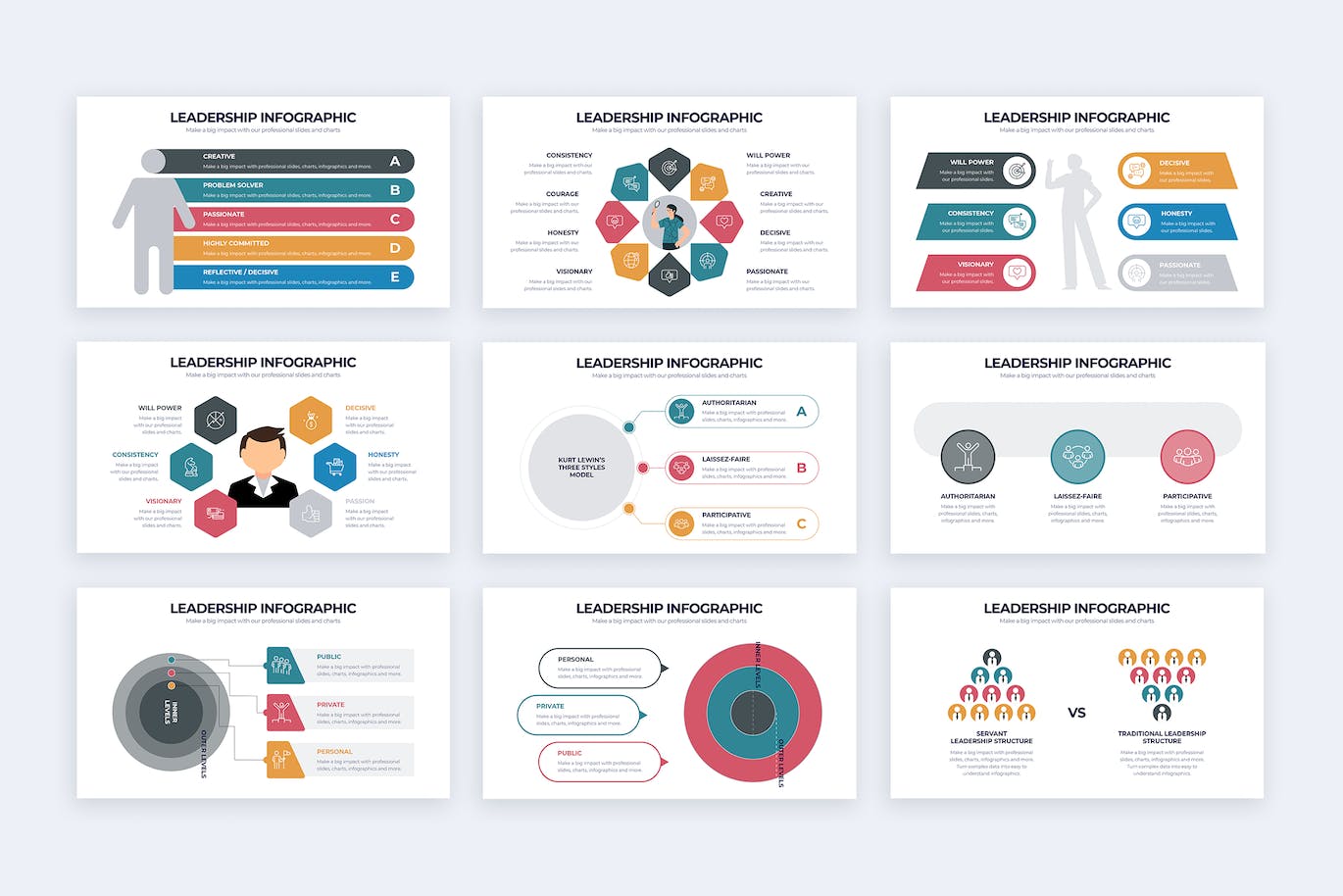 Bundle of images of enchanting slides infographics presentation template on the topic of business leadership.