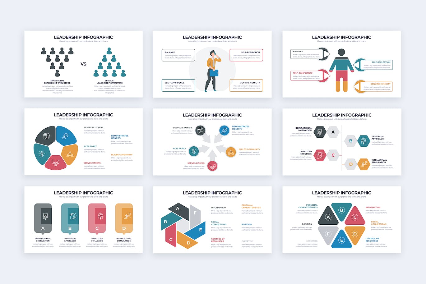 Collection of images of beautiful slides infographic presentation template on the topic of business leadership.