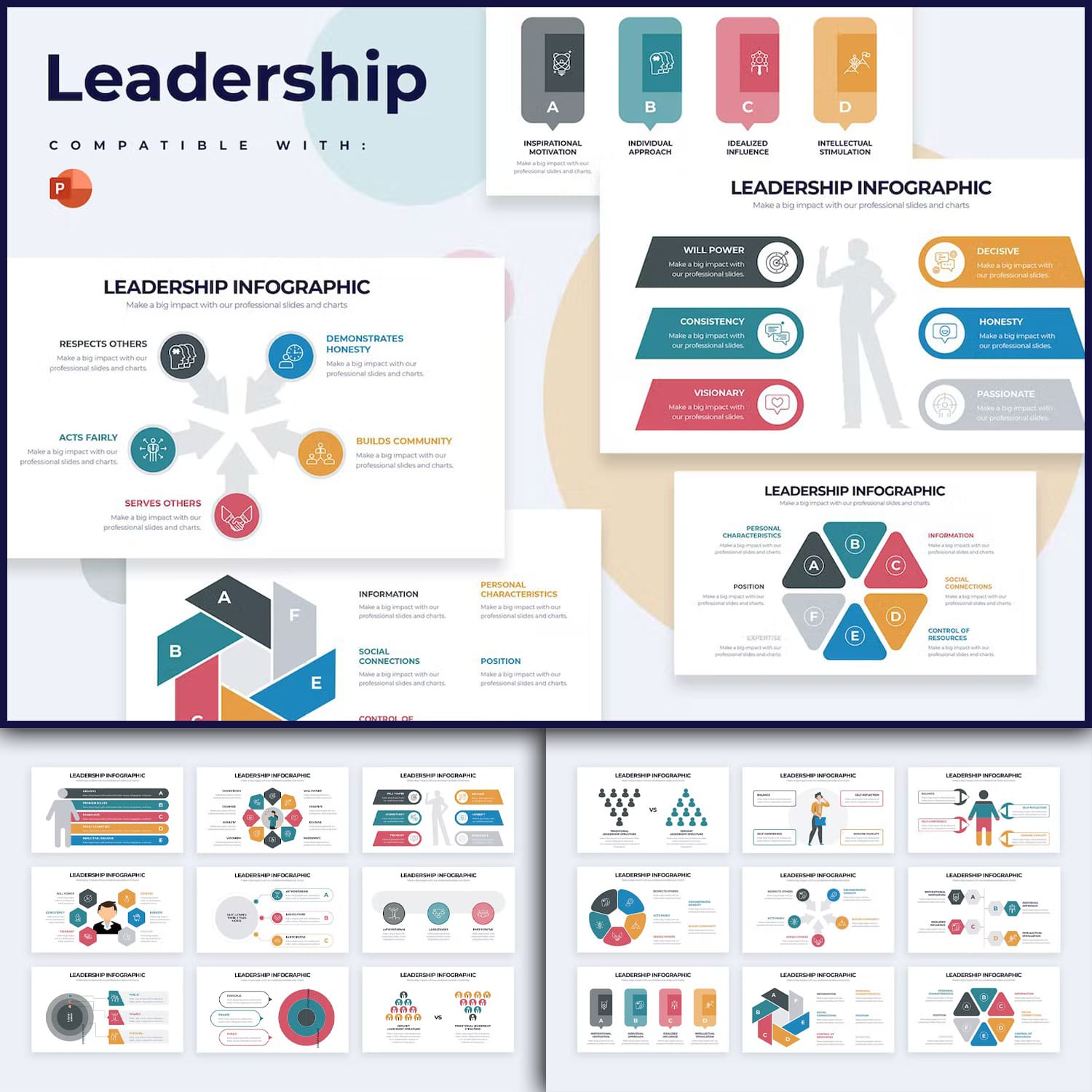 Bundle of images of enchanting slides infographics presentation template on the topic of business leadership.