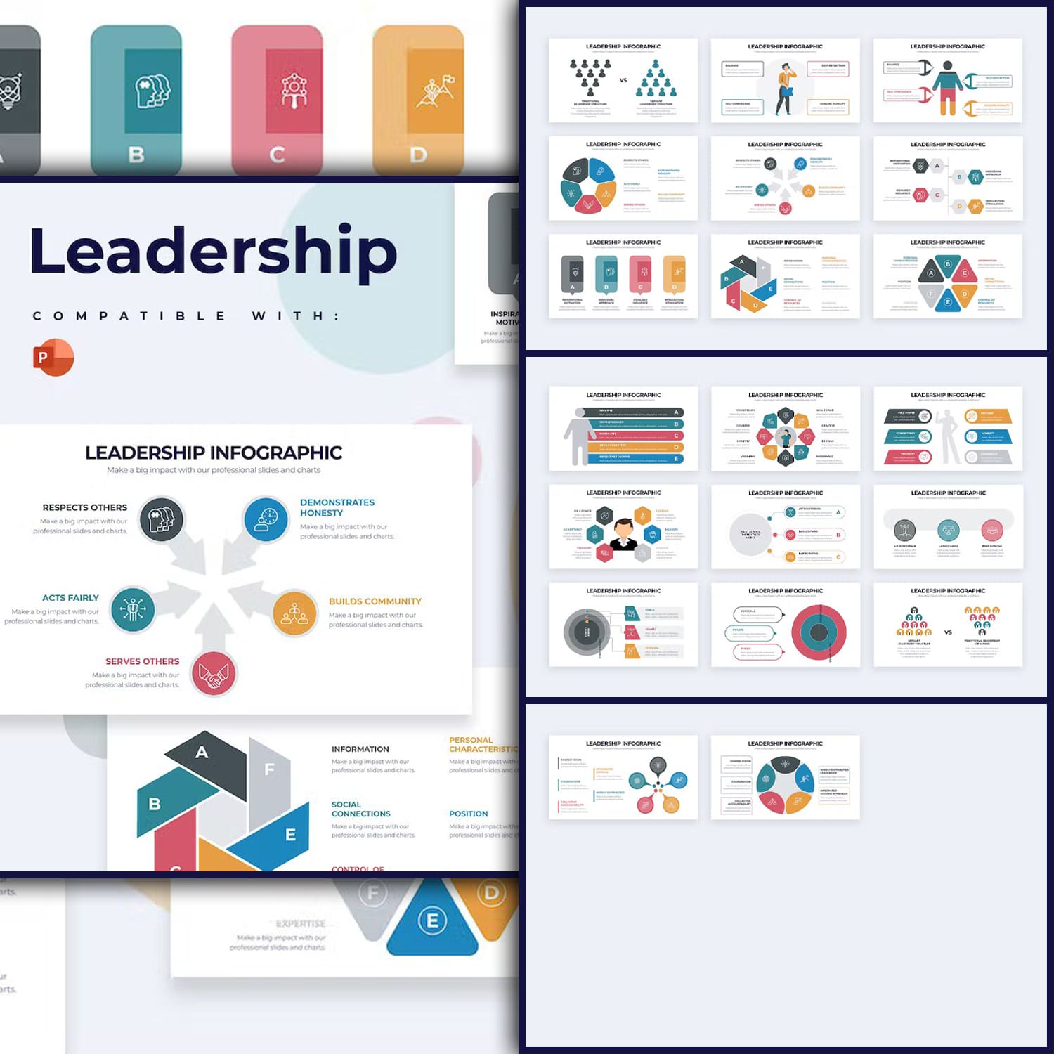 Pack of images of adorable business leadership infographic slides.