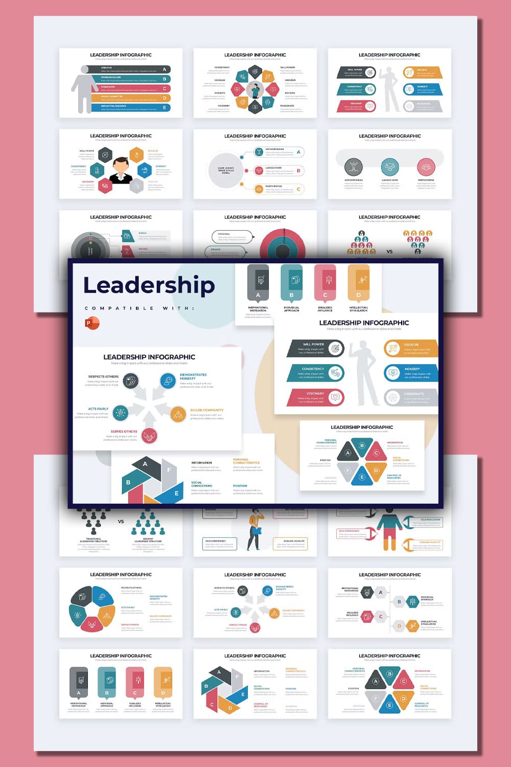 Set of images of colorful slides infographics presentation template on the topic of business leadership.