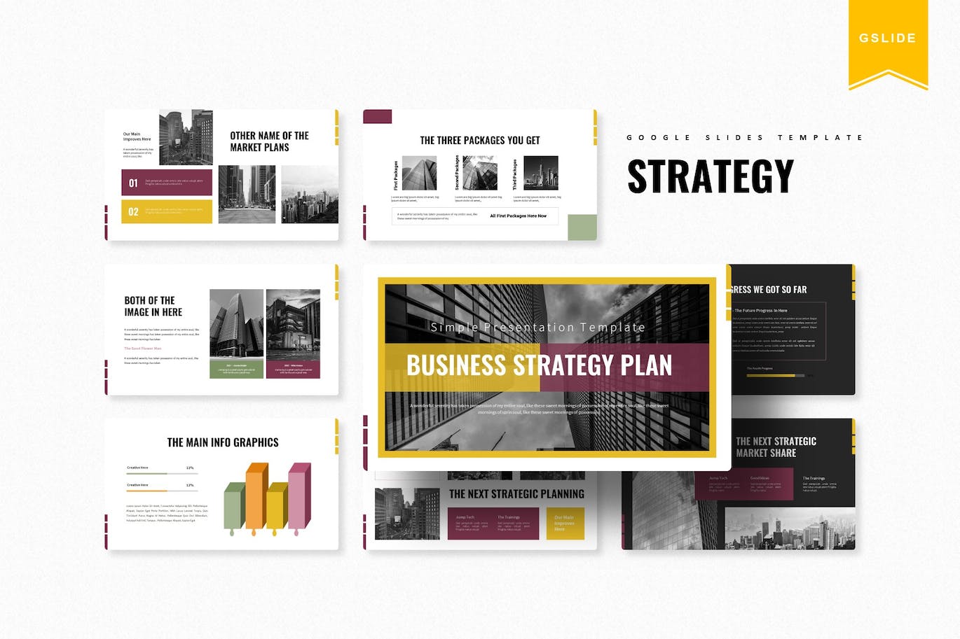 Bundle of unique business strategy plan presentation template slides.