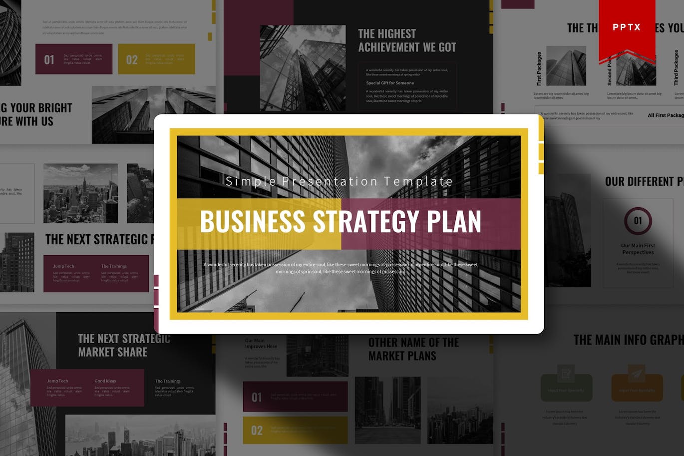 Pack of amazing business strategy plan presentation template slides.