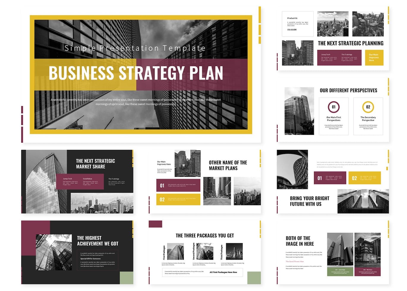 Cover with enchanting slides of business strategy plan presentation template.