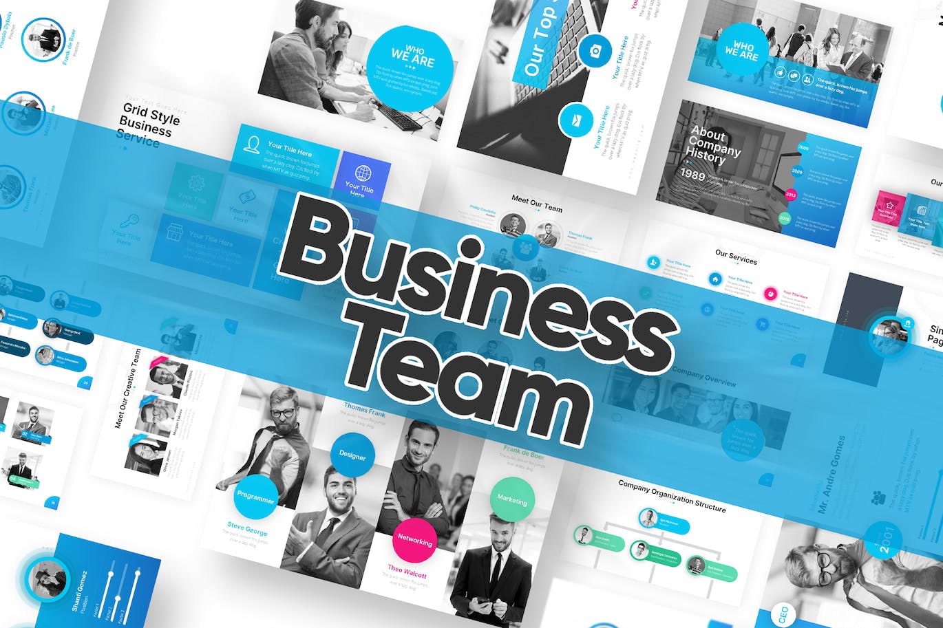 A set of images of elegant presentation template slides on the theme of a business team.